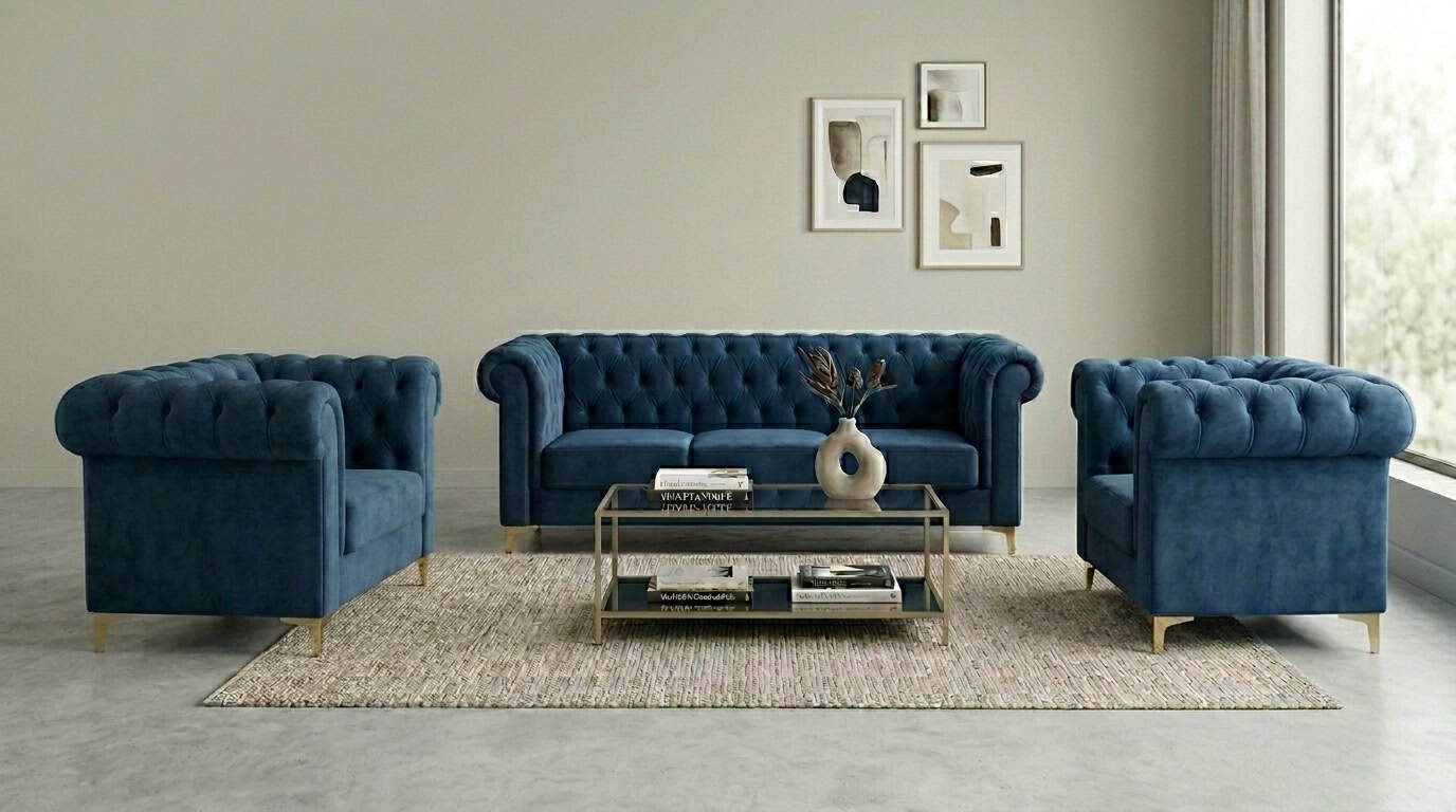 Denim Blue Velvet Chesterfield Sofa