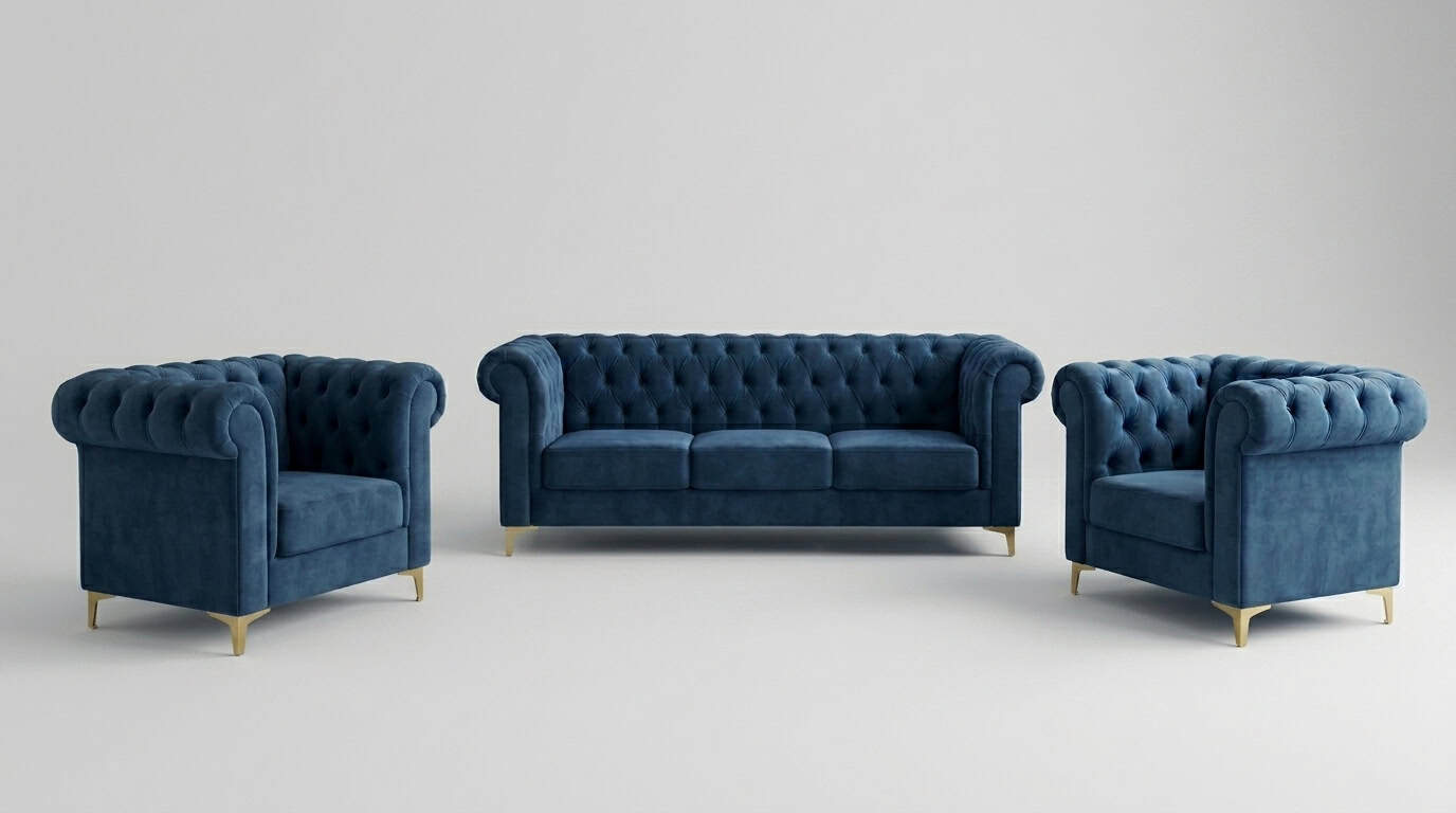 Denim Blue Velvet Chesterfield Sofa view 2