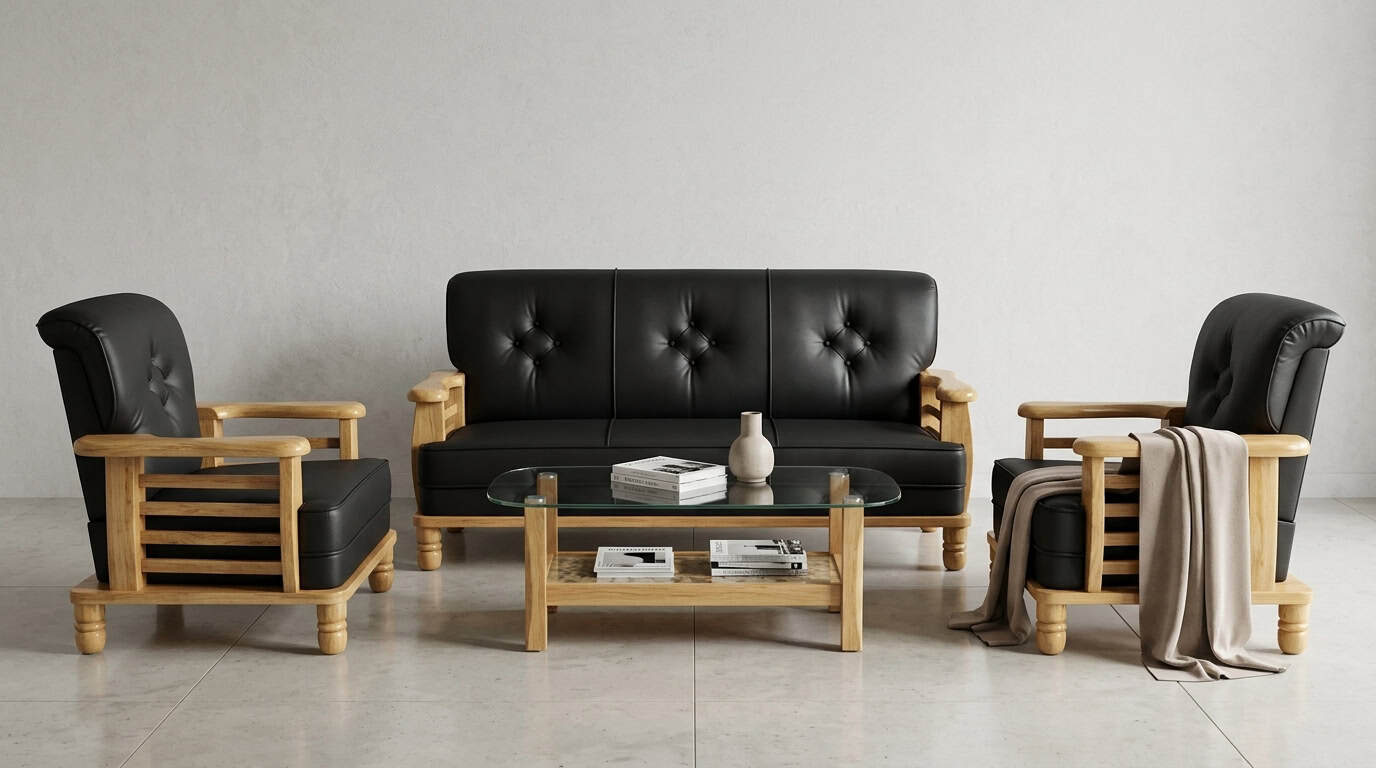 Leather & Wood 5-Seater Sofa Set