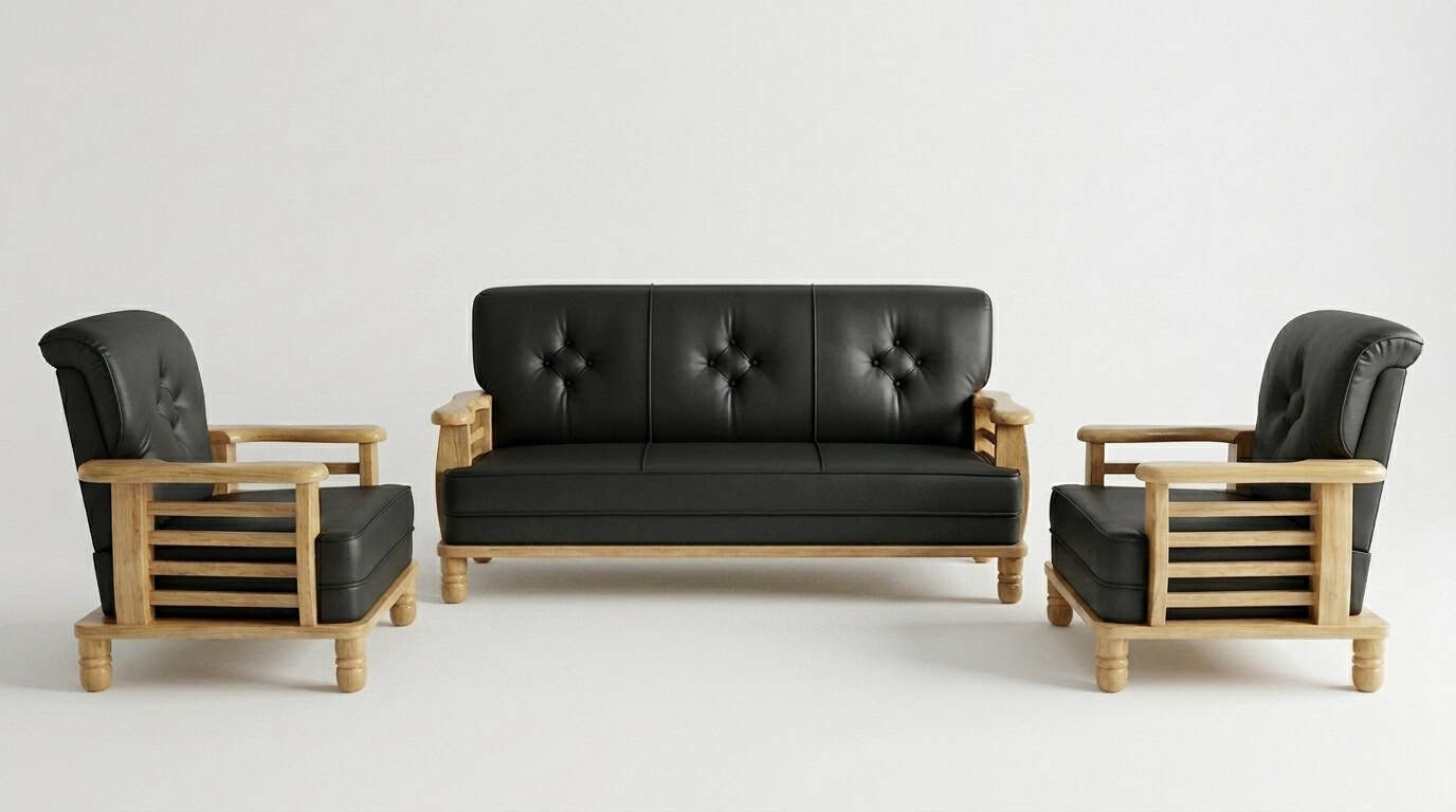 Leather & Wood 5-Seater Sofa Set view 2